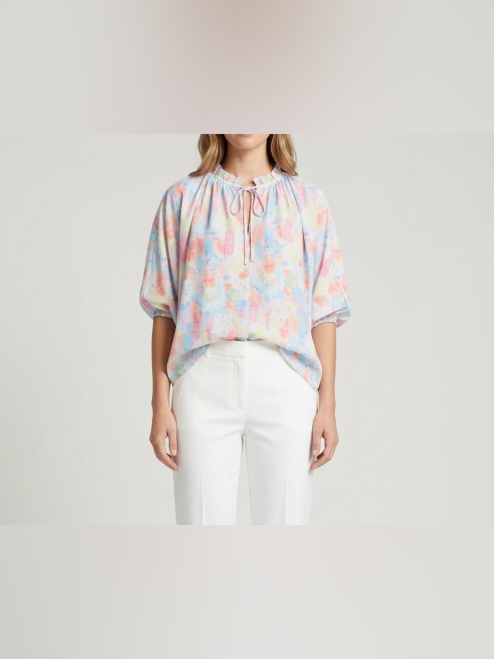 Entro Pastel Watercolor Santorini Print Blouse L Boho Balloon Sleeve Tie Neck